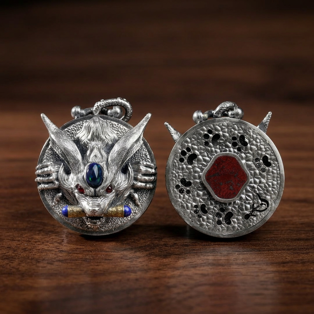 s925 Sterling Silver Vintage Nine-Tailed Fox Spirit Mystic Round Pendant Necklace
