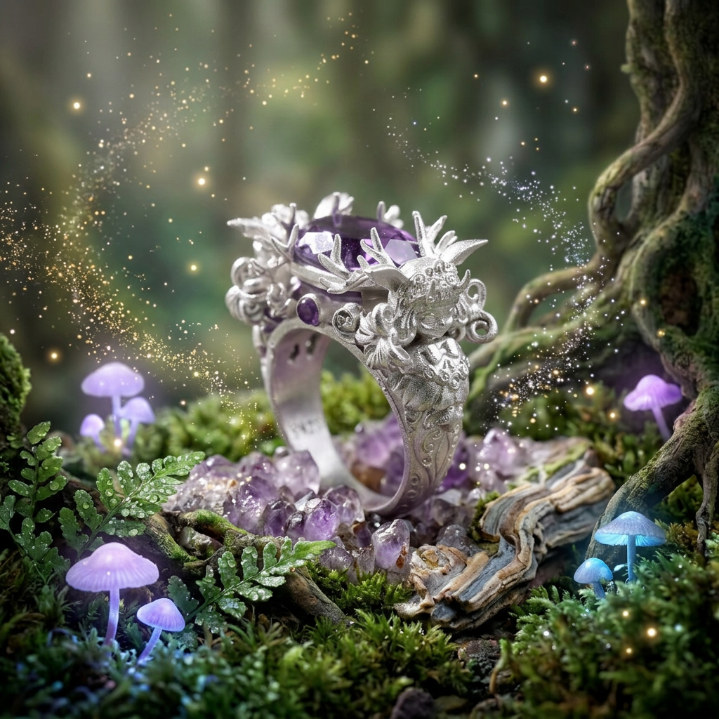 s925 Sterling Silver Amethyst Deer Fairy Ring