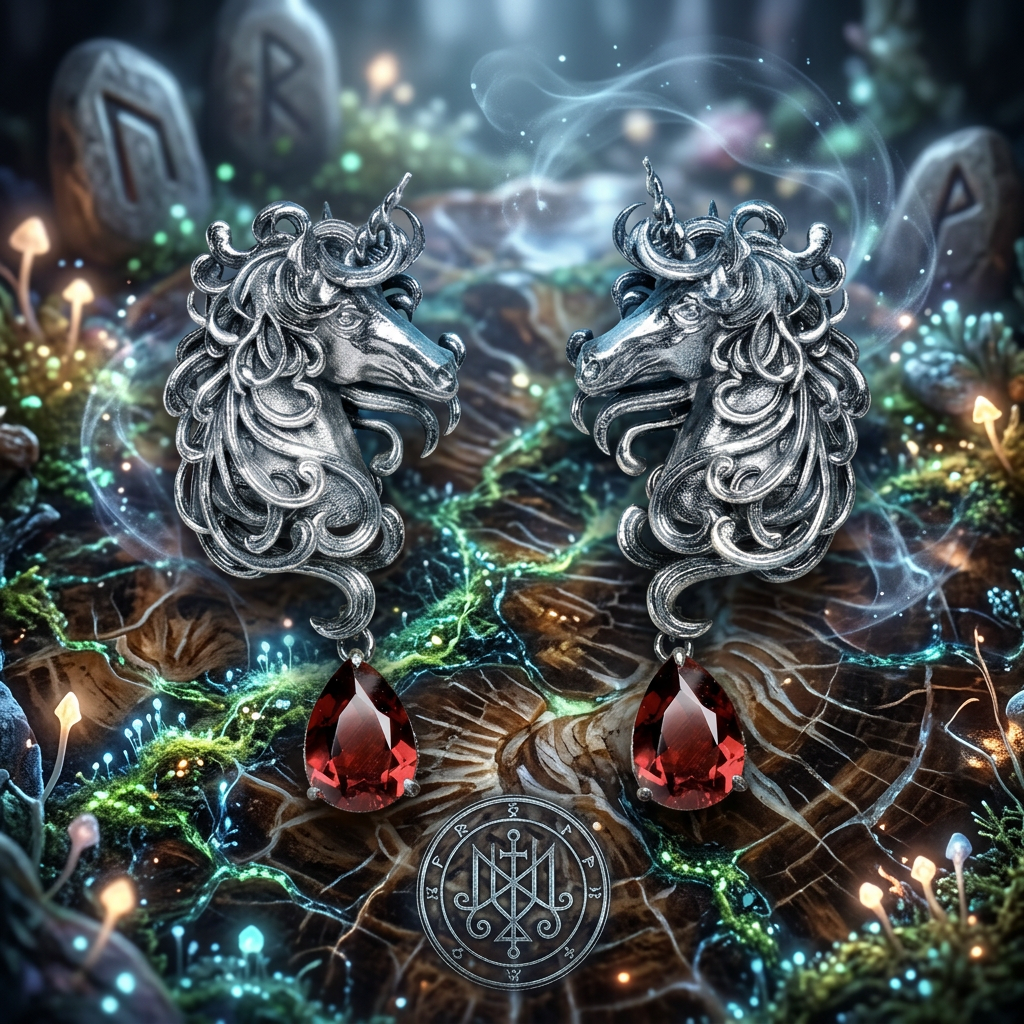 s925 Sterling Silver Vintage Style Unicorn Garnet Drop Stud Earrings