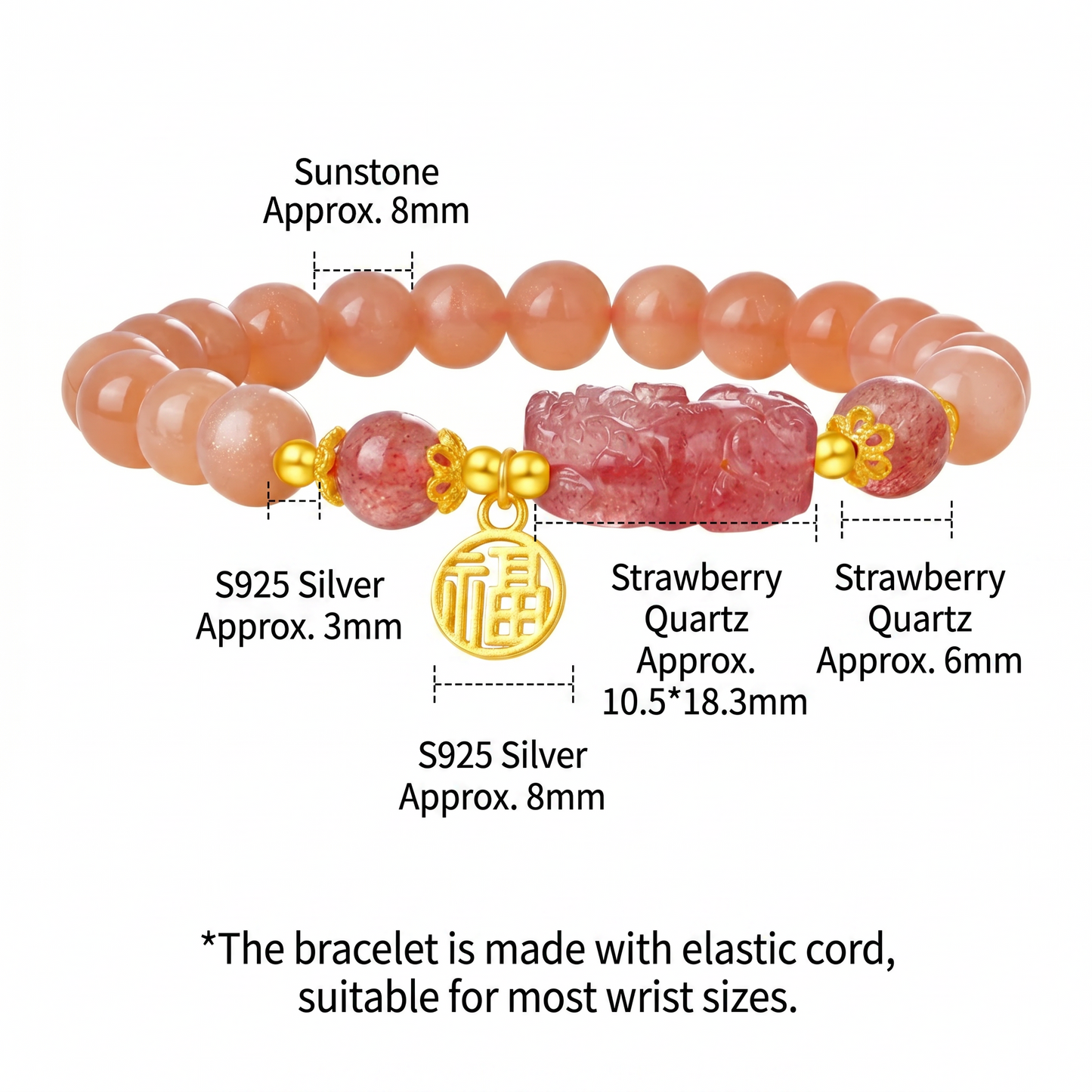s925 Sterling Silver Lucky Pixiu Sunstone Pink Strawberry Quartz Bead Bracelet