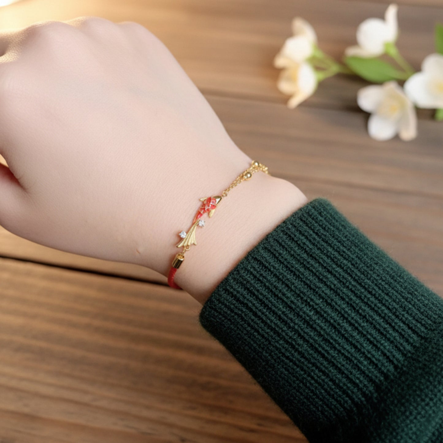 S925 Sterling Silver Koi Lucky Fish Charm Red Rope Bracelet