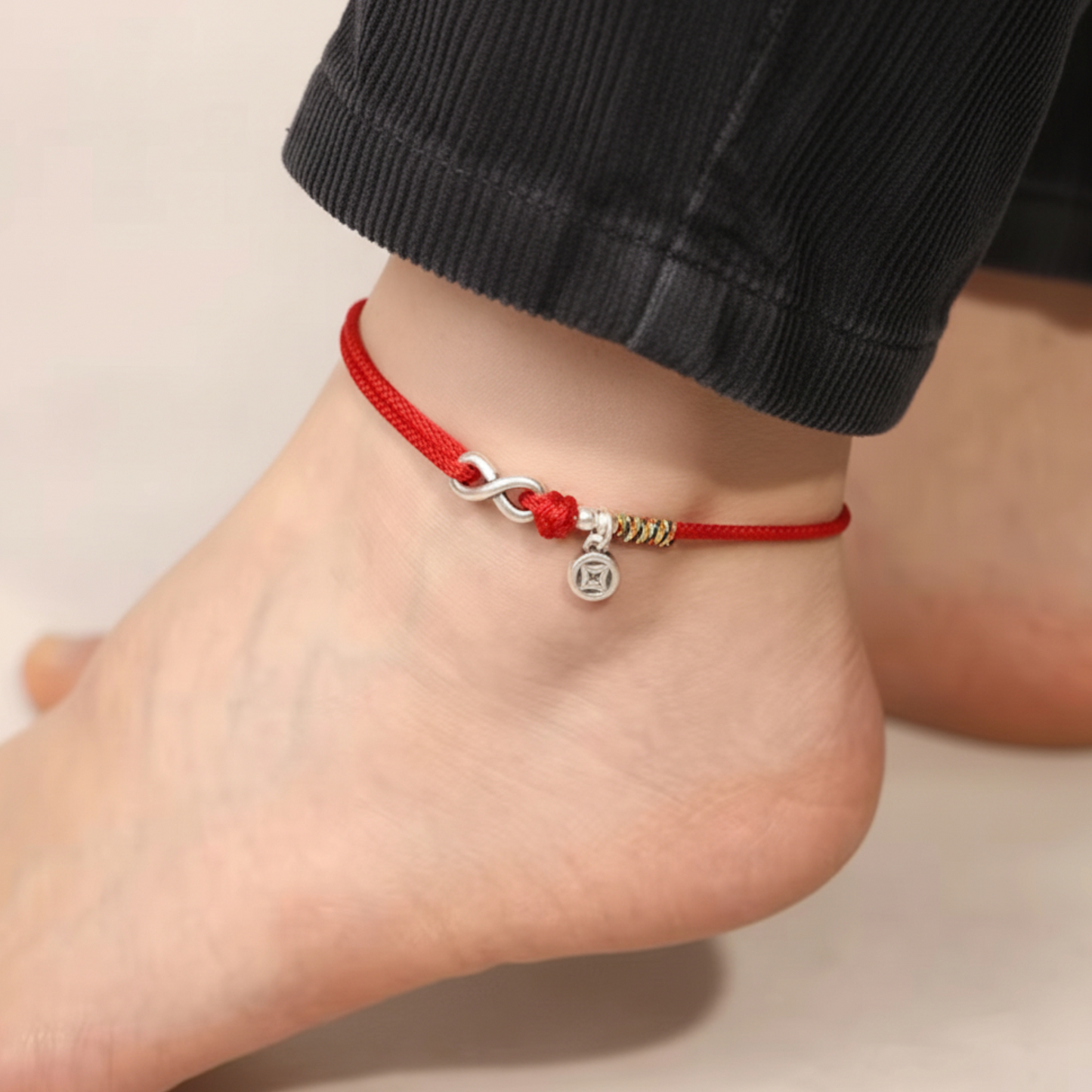 999 Pure Silver Chinese Peace and joy Charm Infinity Red Braided Rope Bracelet Anklet