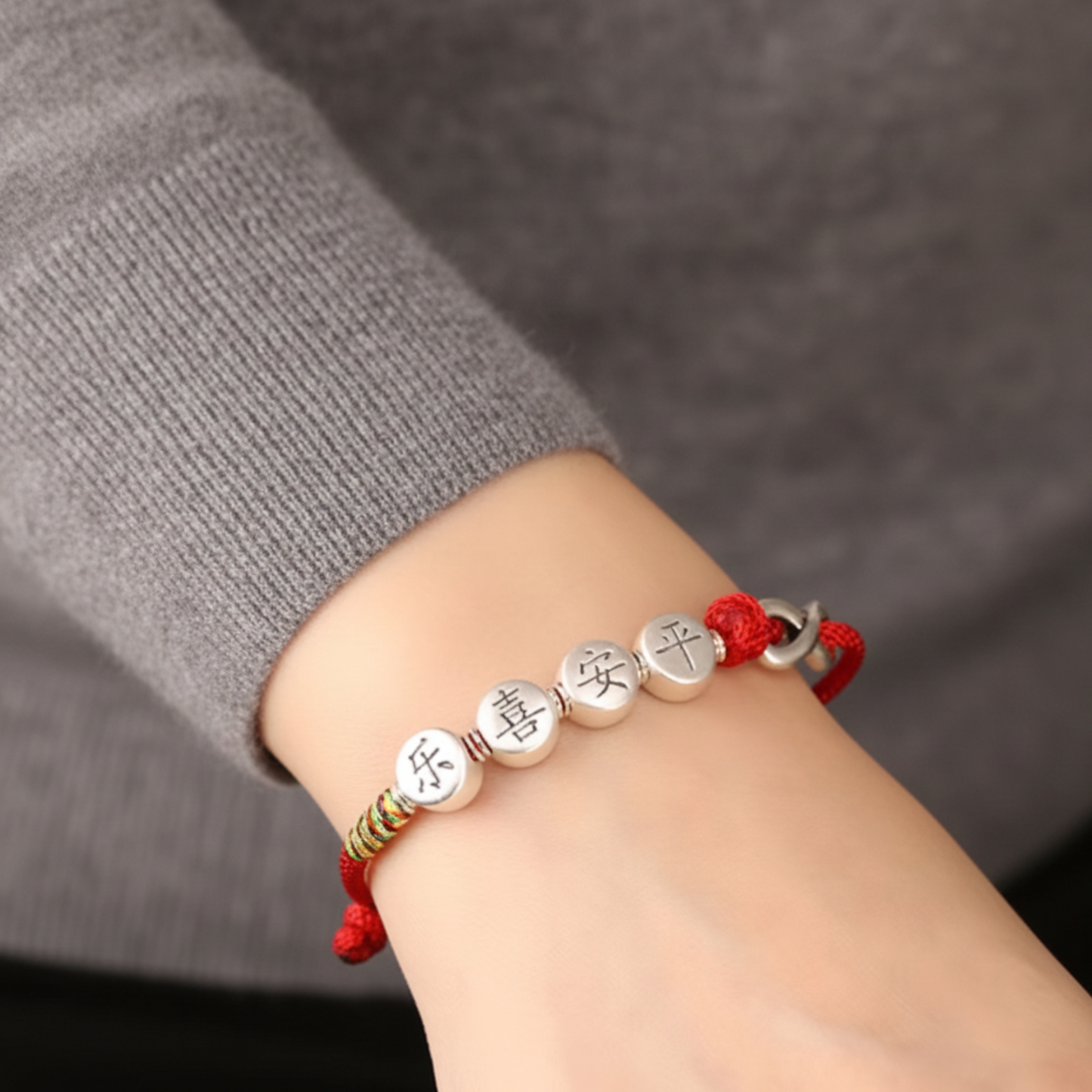 999 Pure Silver Chinese Peace and joy Charm Infinity Red Braided Rope Bracelet Anklet