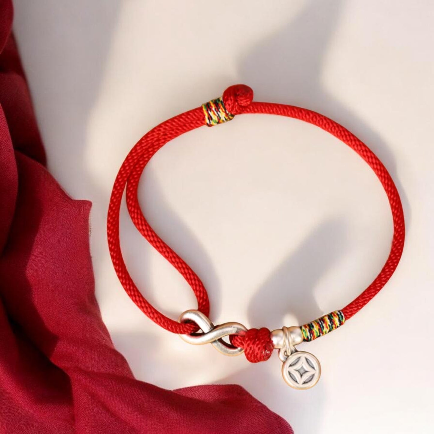 999 Pure Silver Chinese Peace and joy Charm Infinity Red Braided Rope Bracelet Anklet