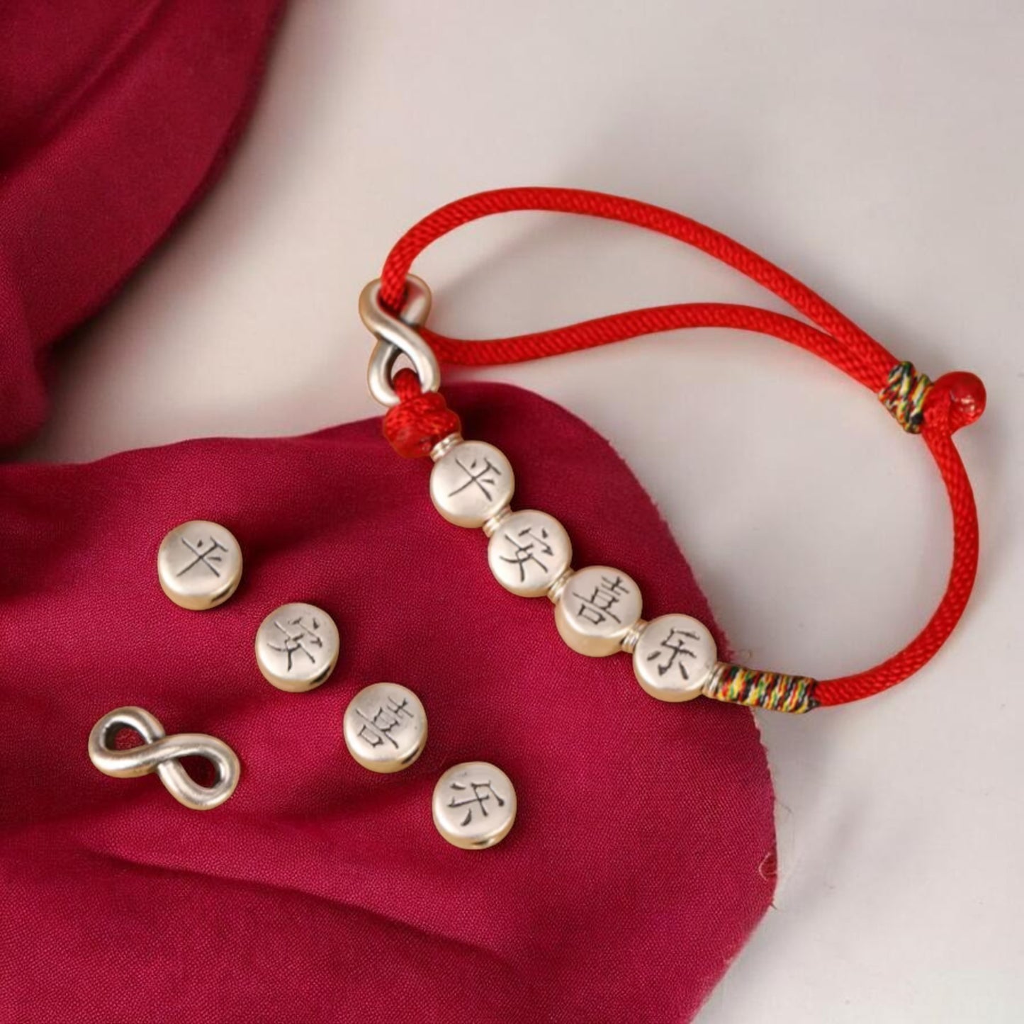 999 Pure Silver Chinese Peace and joy Charm Infinity Red Braided Rope Bracelet Anklet