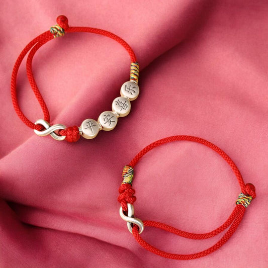999 Pure Silver Chinese Peace and joy Charm Infinity Red Braided Rope Bracelet Anklet