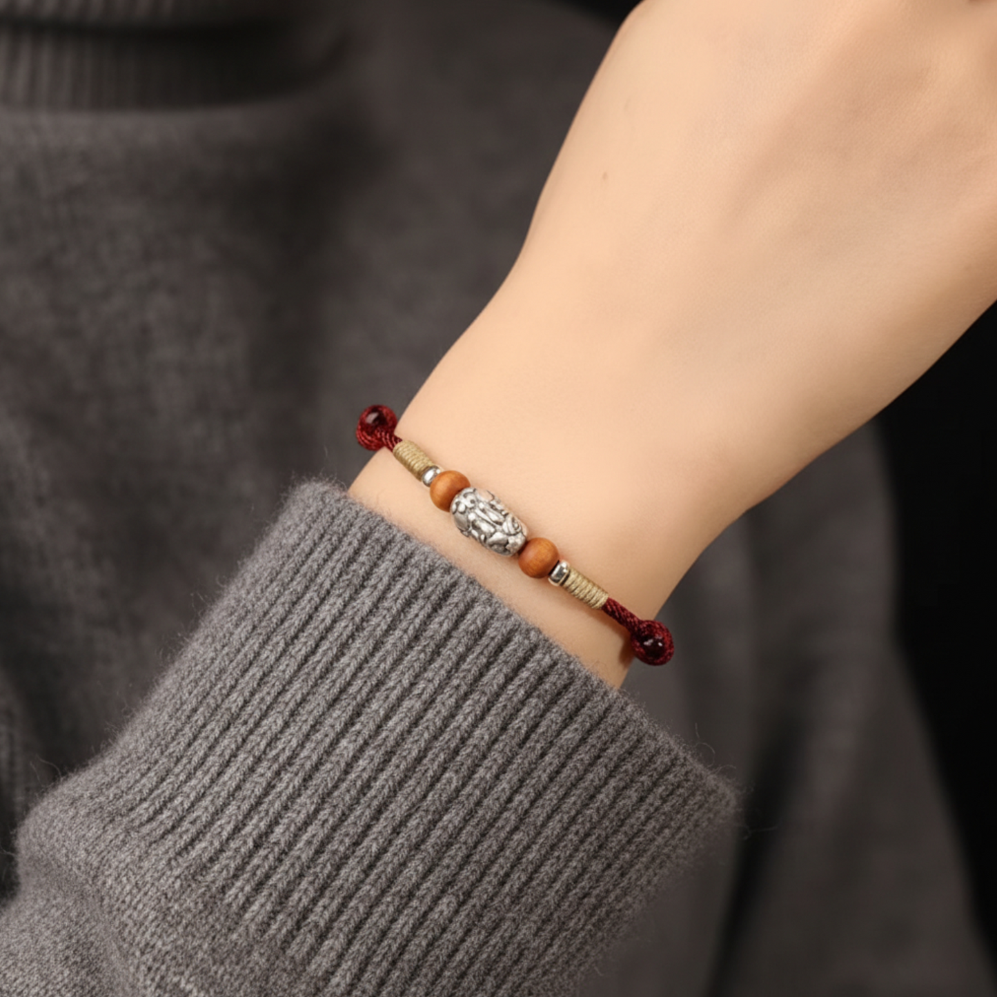 999 Pure Silver Chinese Pixiu Wood Charm Bracelet Anklet - Hand Braided