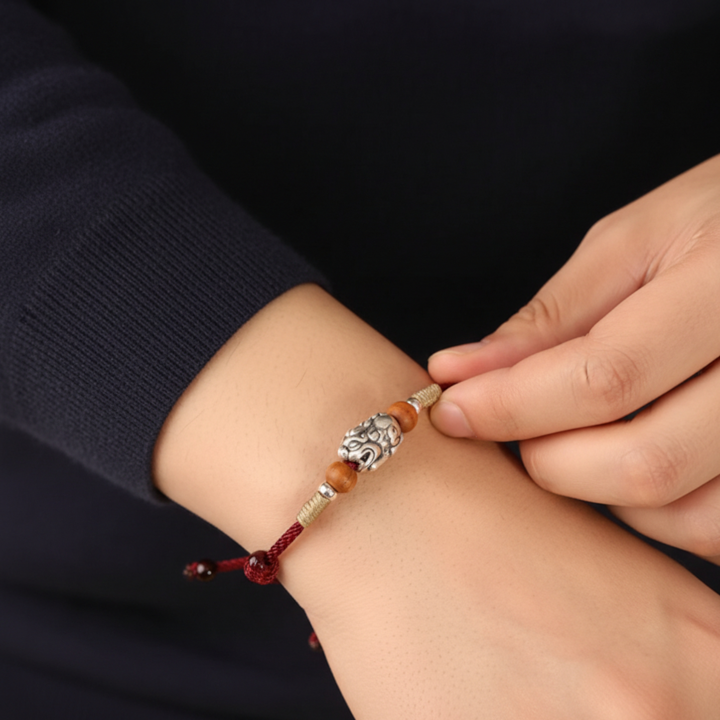 999 Pure Silver Chinese Pixiu Wood Charm Bracelet Anklet - Hand Braided