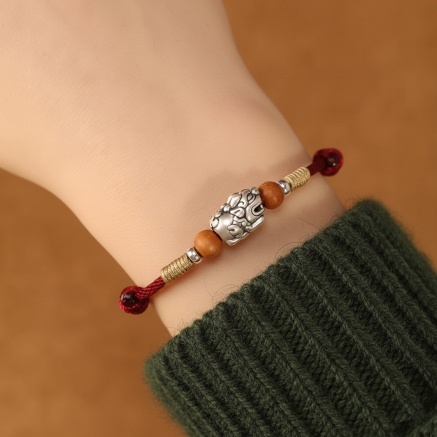 999 Pure Silver Chinese Pixiu Wood Charm Bracelet Anklet - Hand Braided