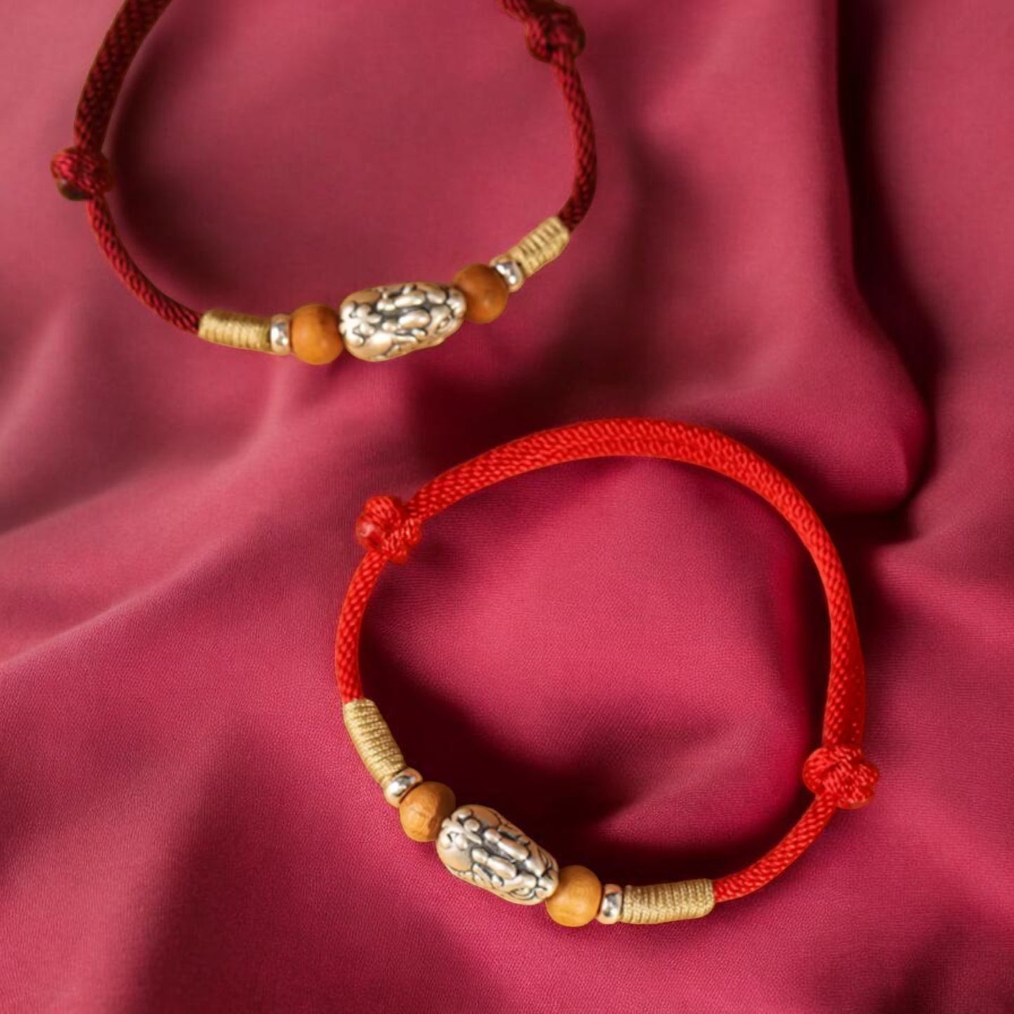 999 Pure Silver Chinese Pixiu Wood Charm Bracelet Anklet - Hand Braided