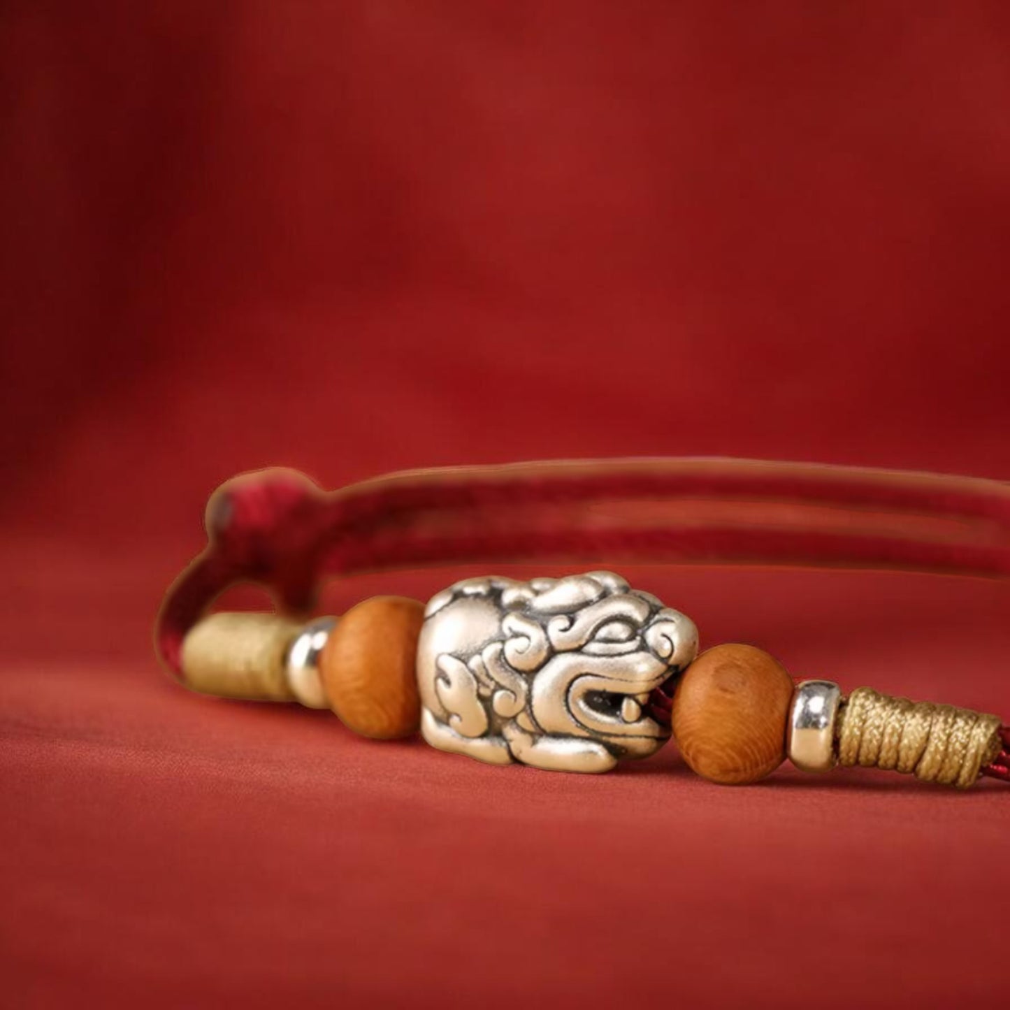999 Pure Silver Chinese Pixiu Wood Charm Bracelet Anklet - Hand Braided