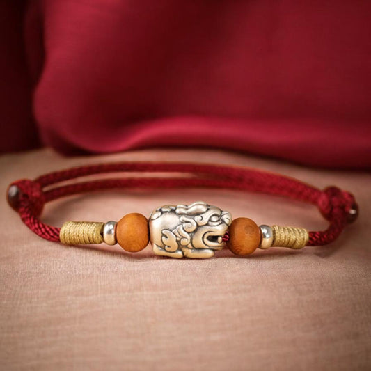999 Pure Silver Chinese Pixiu Wood Charm Bracelet Anklet - Hand Braided
