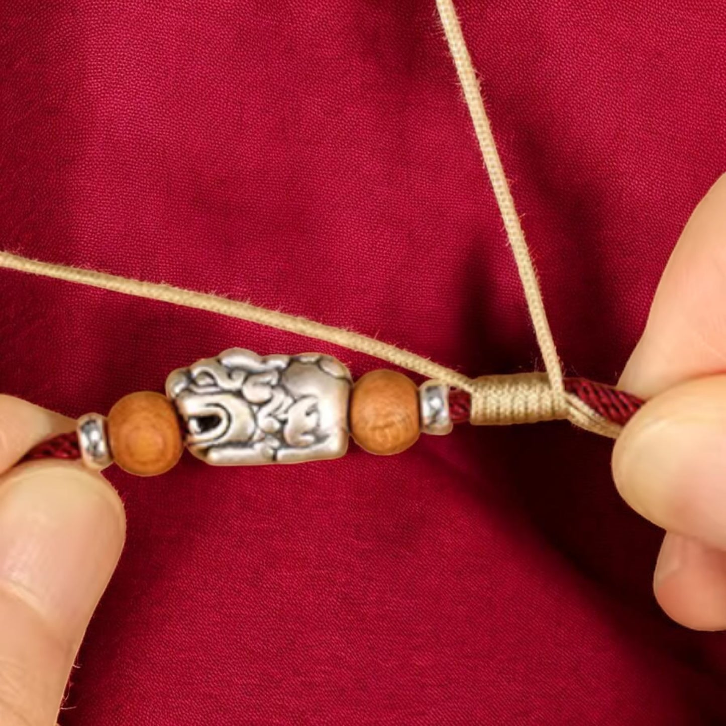 999 Pure Silver Chinese Pixiu Wood Charm Bracelet Anklet - Hand Braided