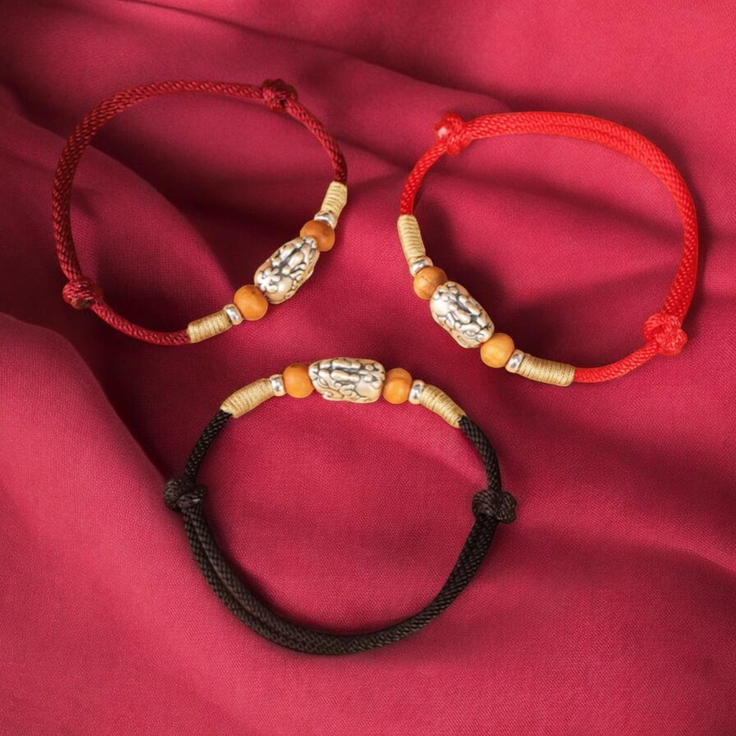 999 Pure Silver Chinese Pixiu Wood Charm Bracelet Anklet - Hand Braided