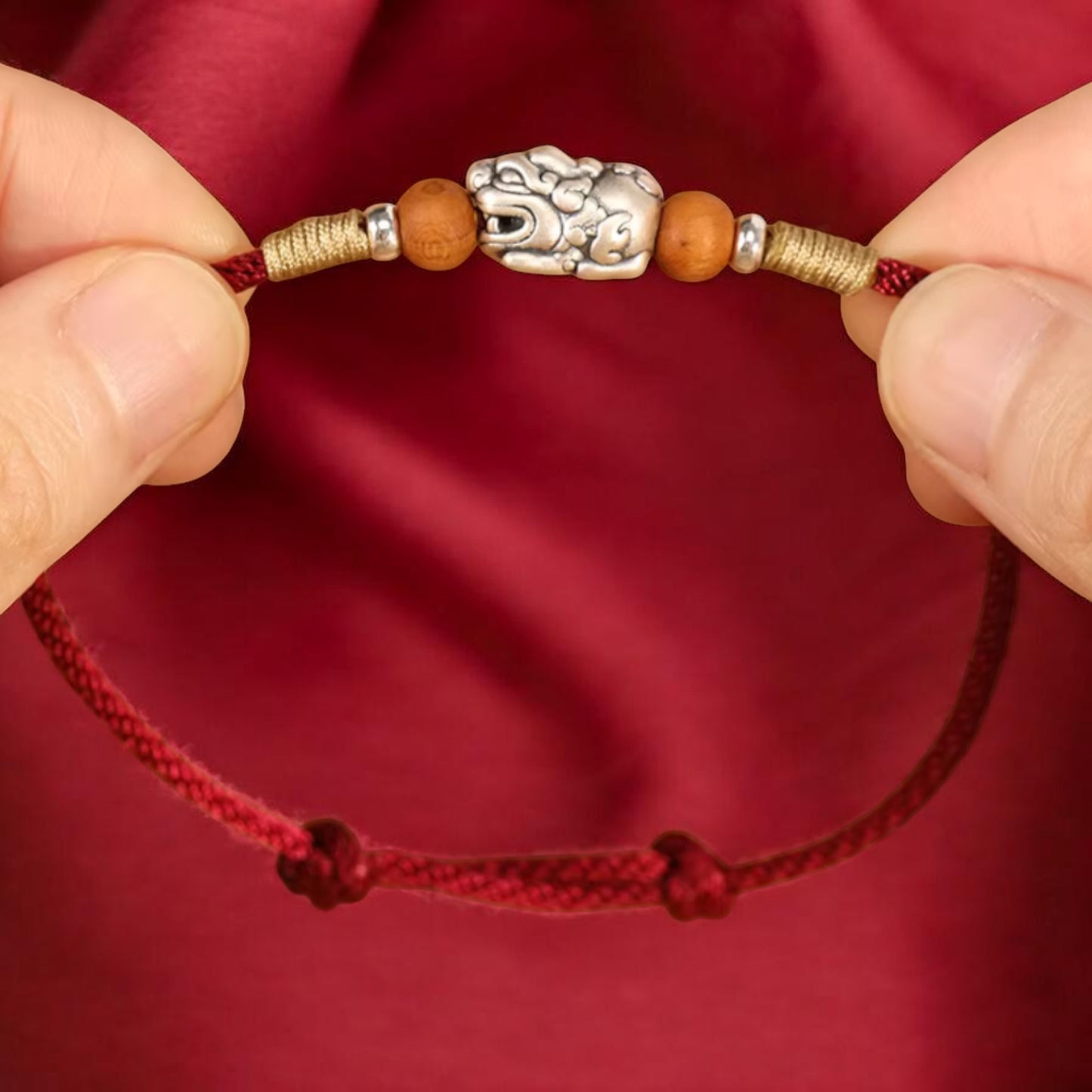 999 Pure Silver Chinese Pixiu Wood Charm Bracelet Anklet - Hand Braided