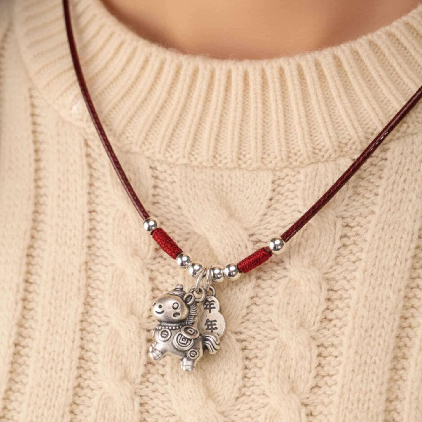 999 Pure Silver Chinese Zodiac Horse Charm Rope Hand Braided Necklace Men and Women