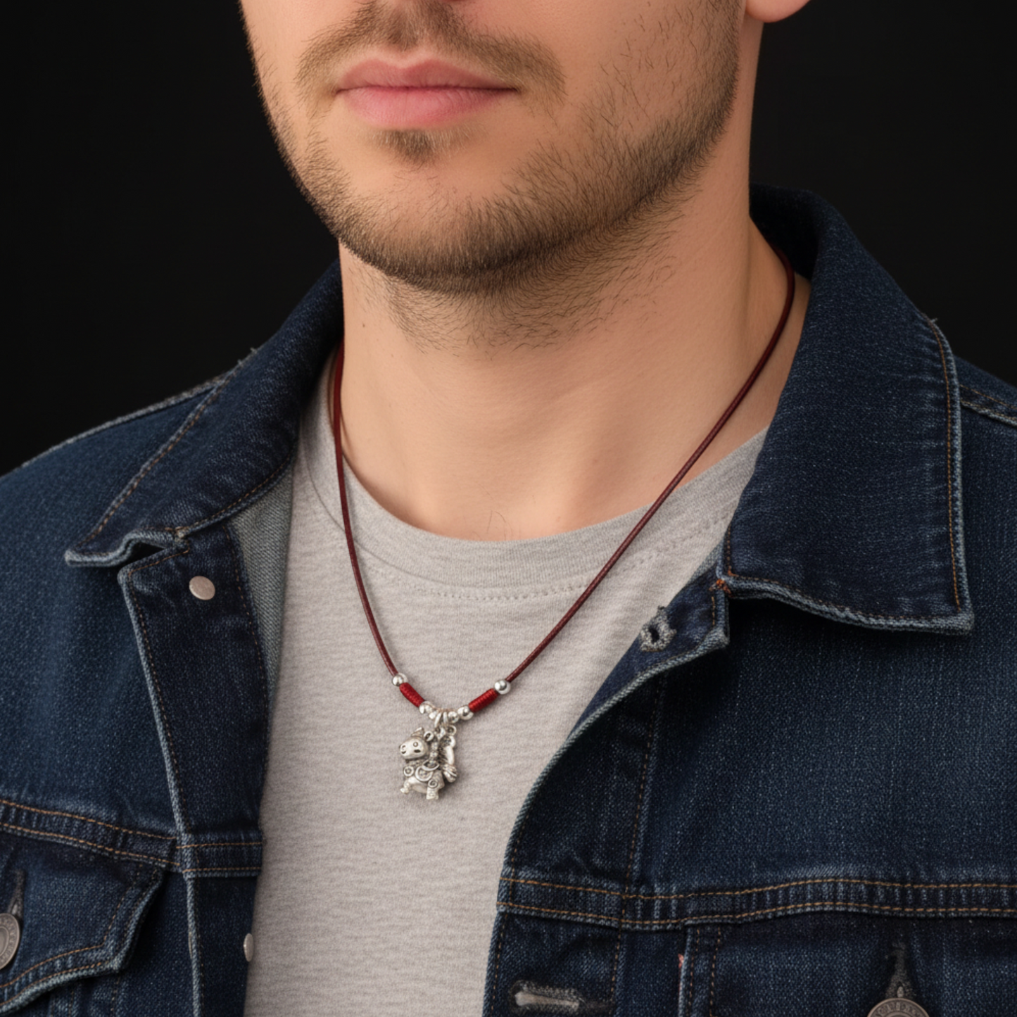 999 Pure Silver Chinese Zodiac Horse Charm Rope Hand Braided Necklace Men and Women