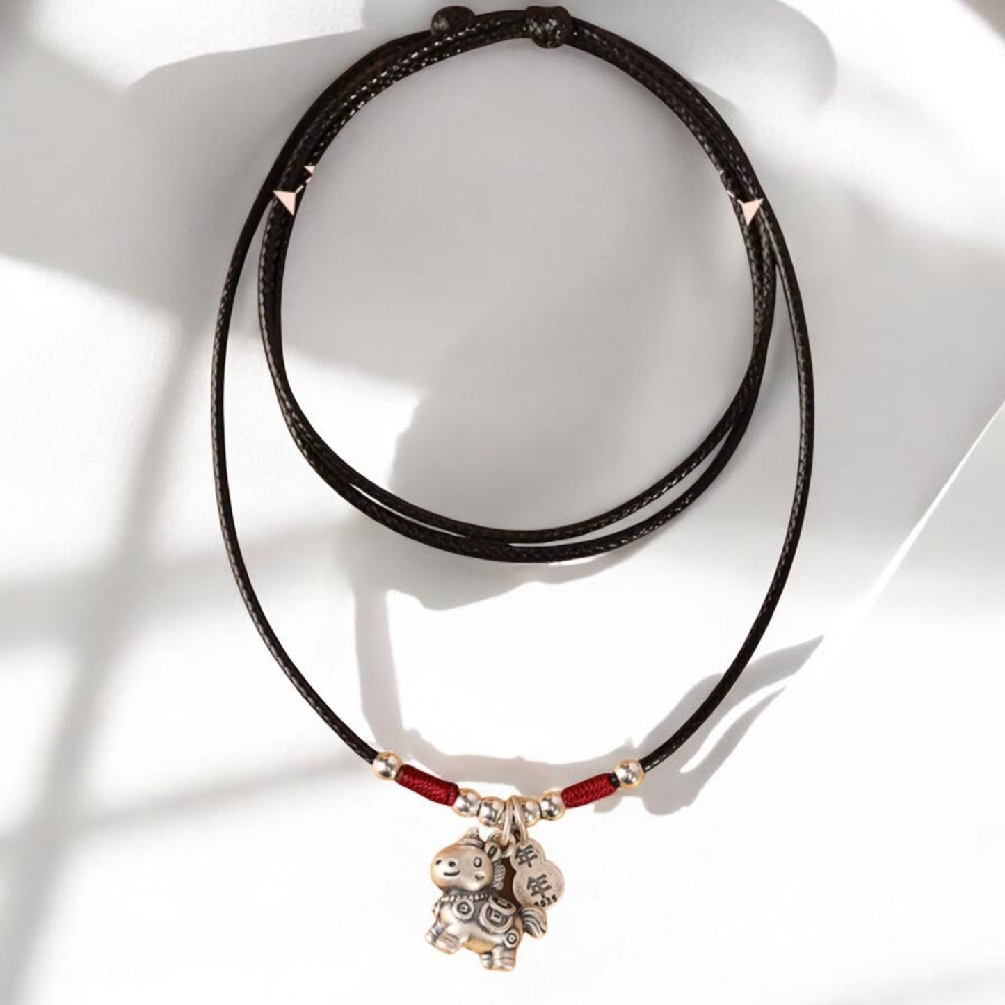 999 Pure Silver Chinese Zodiac Horse Charm Rope Hand Braided Necklace Men and Women