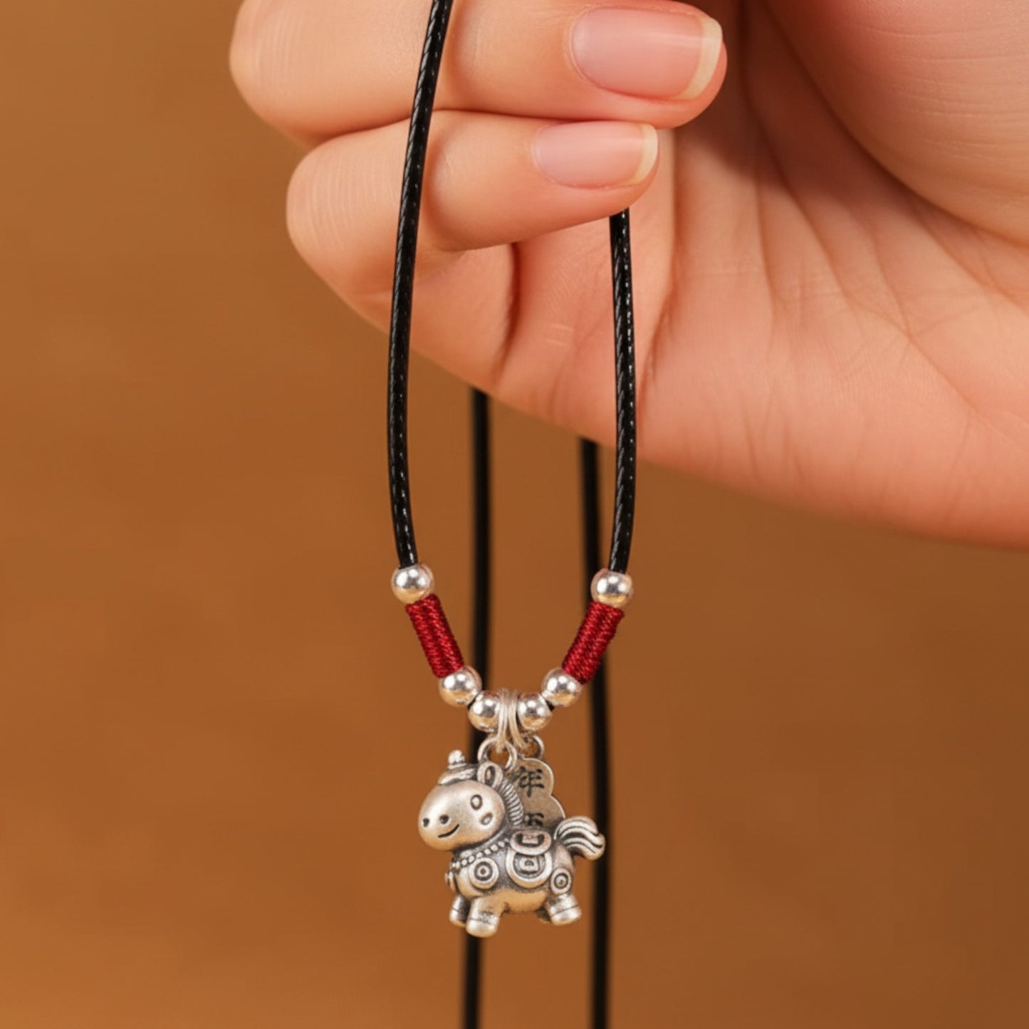999 Pure Silver Chinese Zodiac Horse Charm Rope Hand Braided Necklace Men and Women
