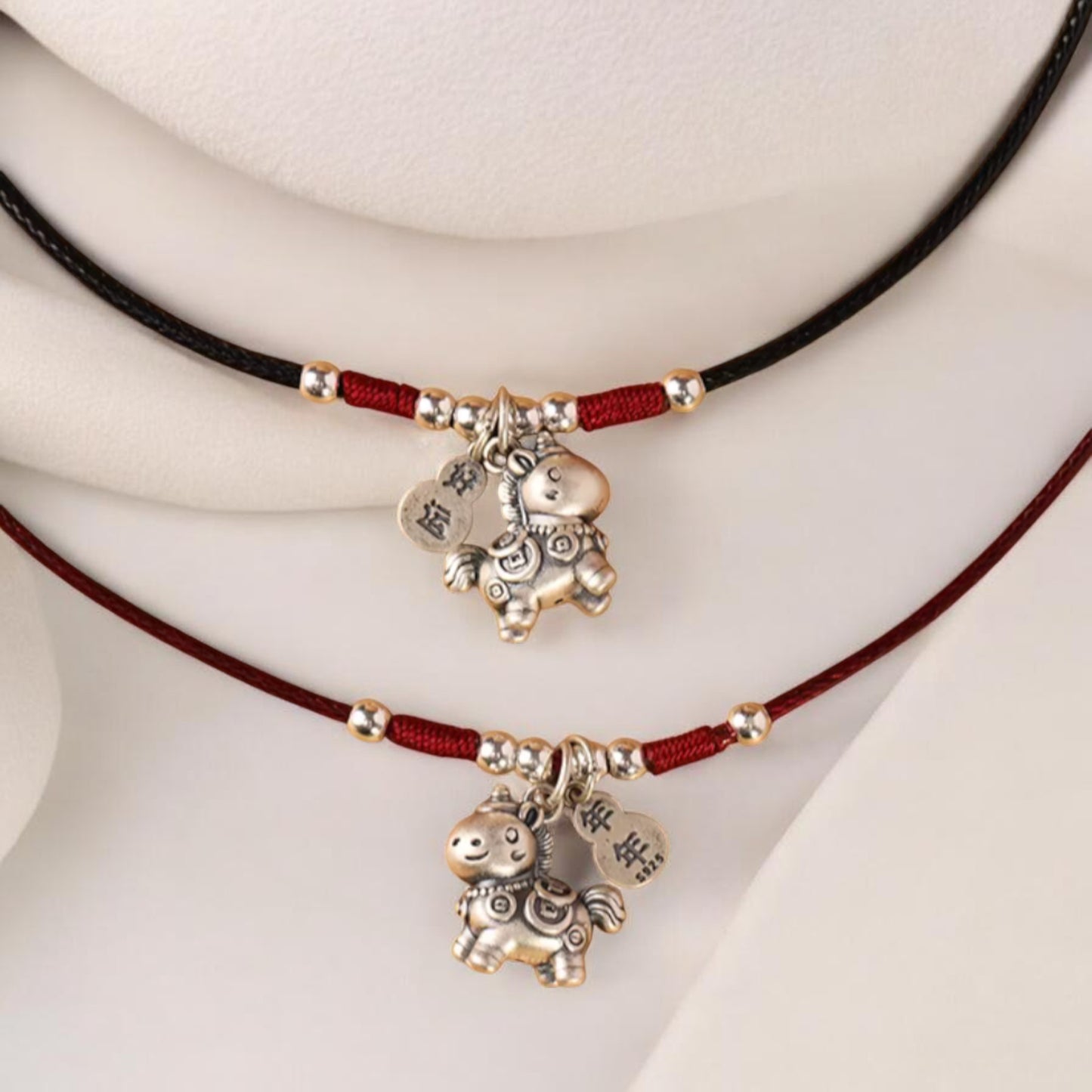 999 Pure Silver Chinese Zodiac Horse Charm Rope Hand Braided Necklace Men and Women