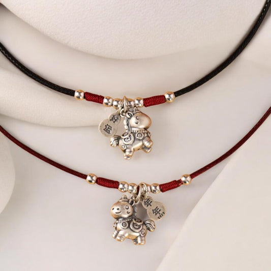 999 Pure Silver Chinese Zodiac Horse Charm Rope Hand Braided Necklace Men and Women