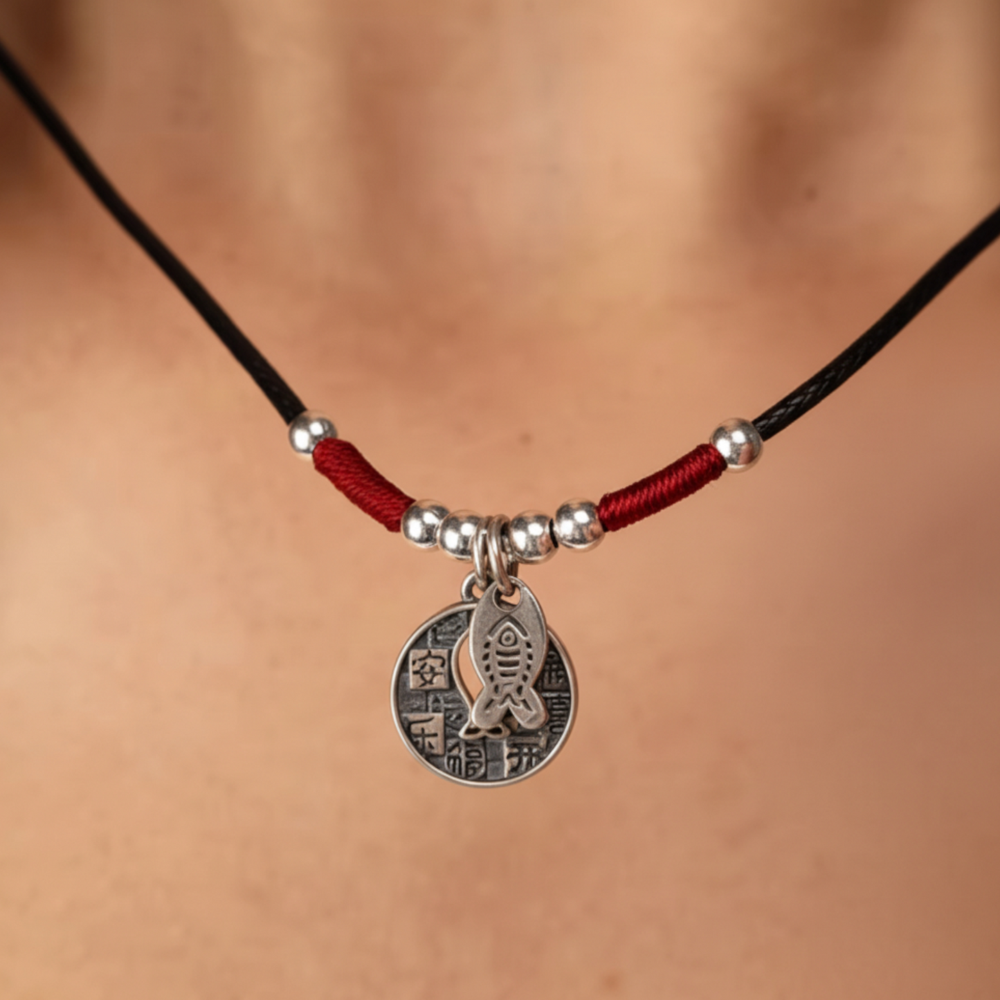 S925 Sterling Silver Koi Necklace, Hand Braided Rope, Good Luck Charm