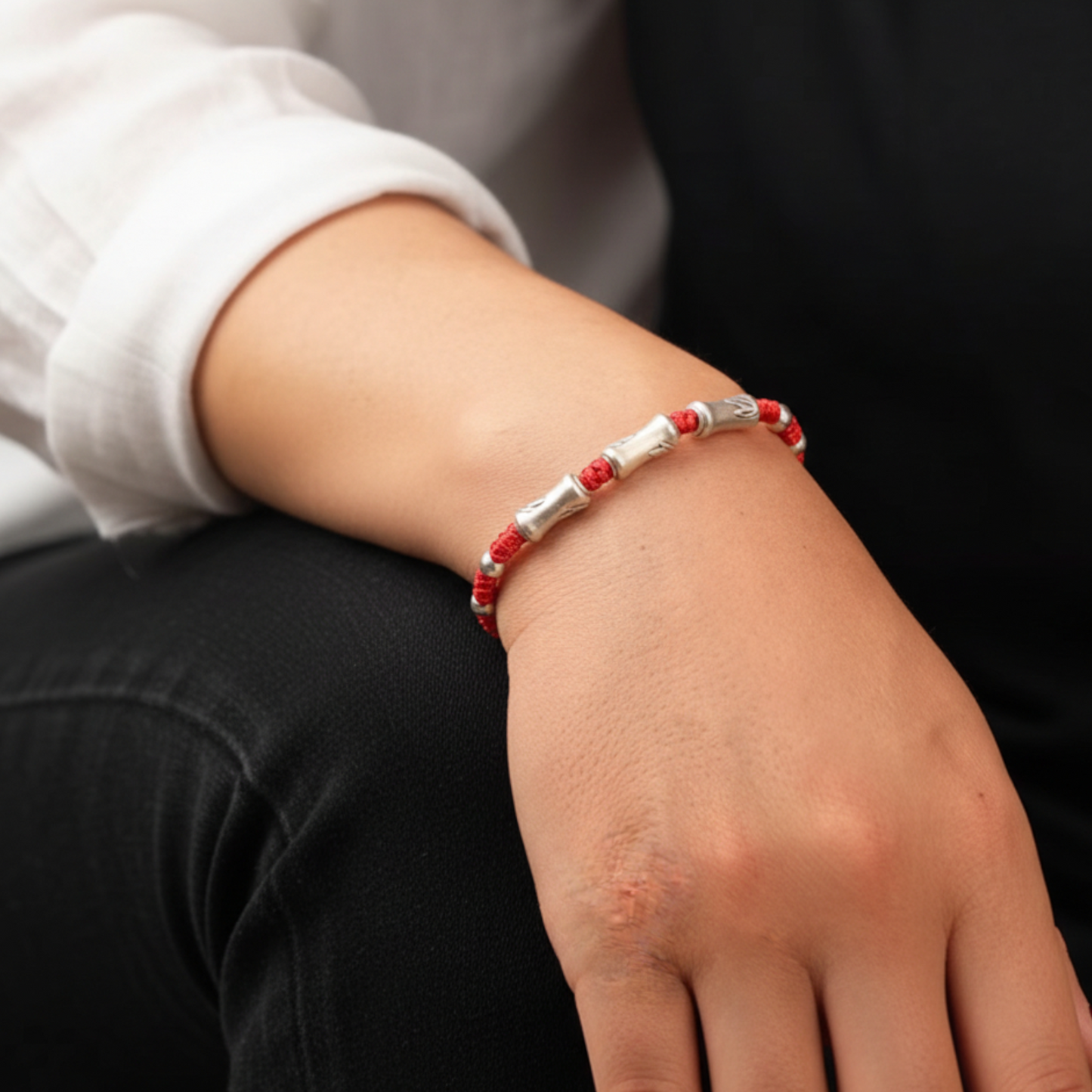 999 Pure Silver Hand Braided Bamboo Knot Rope Adjustable Men Women Bracelet