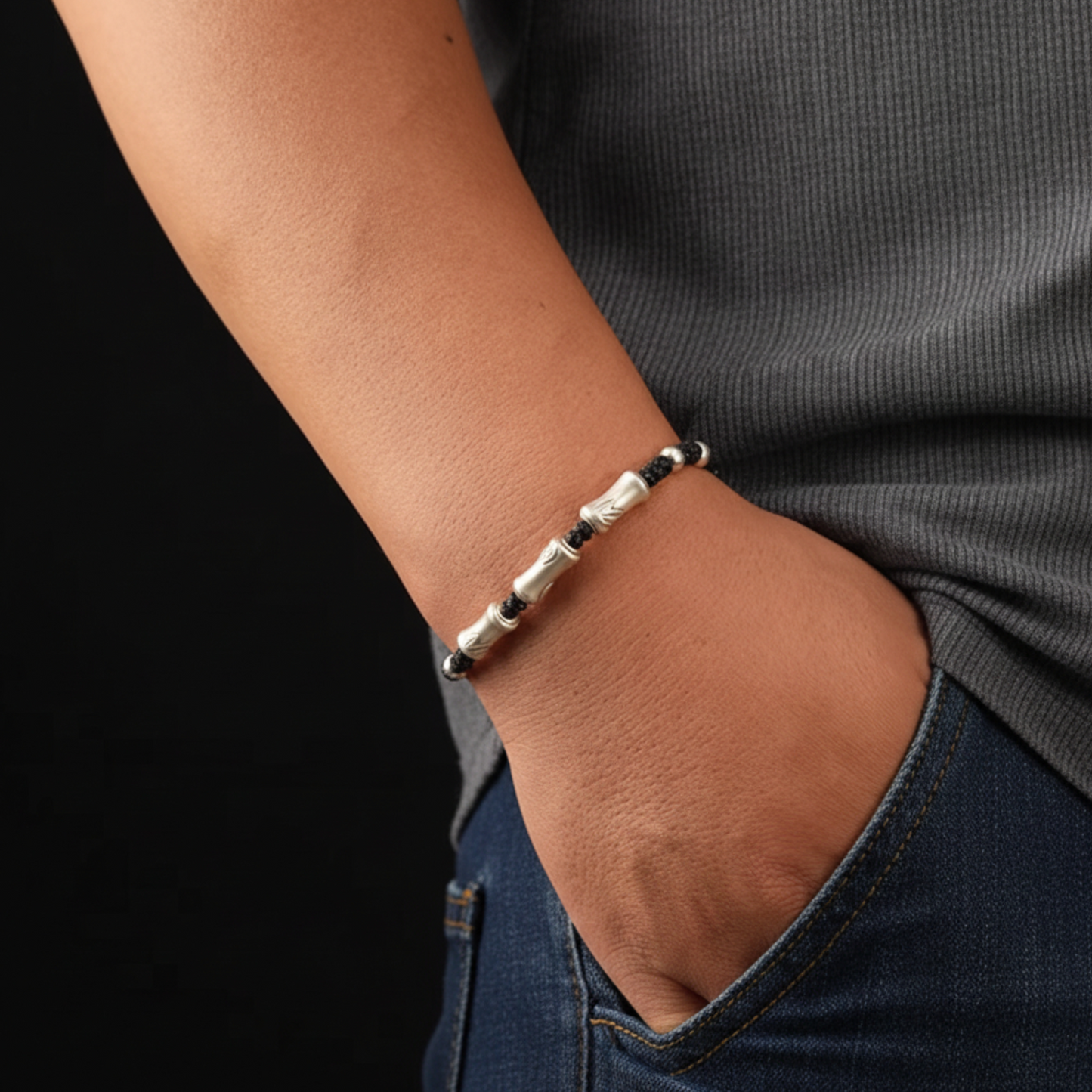 999 Pure Silver Hand Braided Bamboo Knot Rope Adjustable Men Women Bracelet