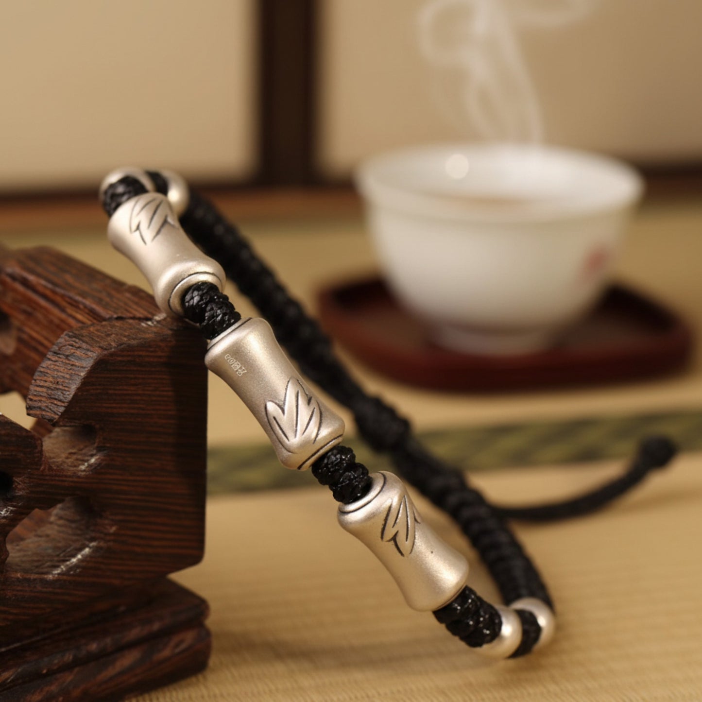 999 Pure Silver Hand Braided Bamboo Knot Rope Adjustable Men Women Bracelet