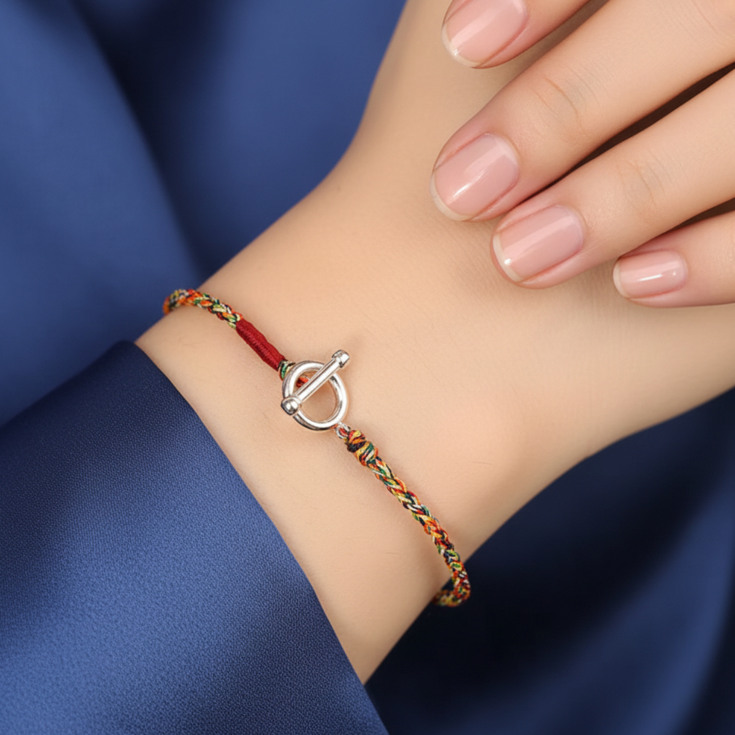 S925 Sterling Silver Buckle Hand Braided Rainbow Woven Rope Adjustable Bracelet