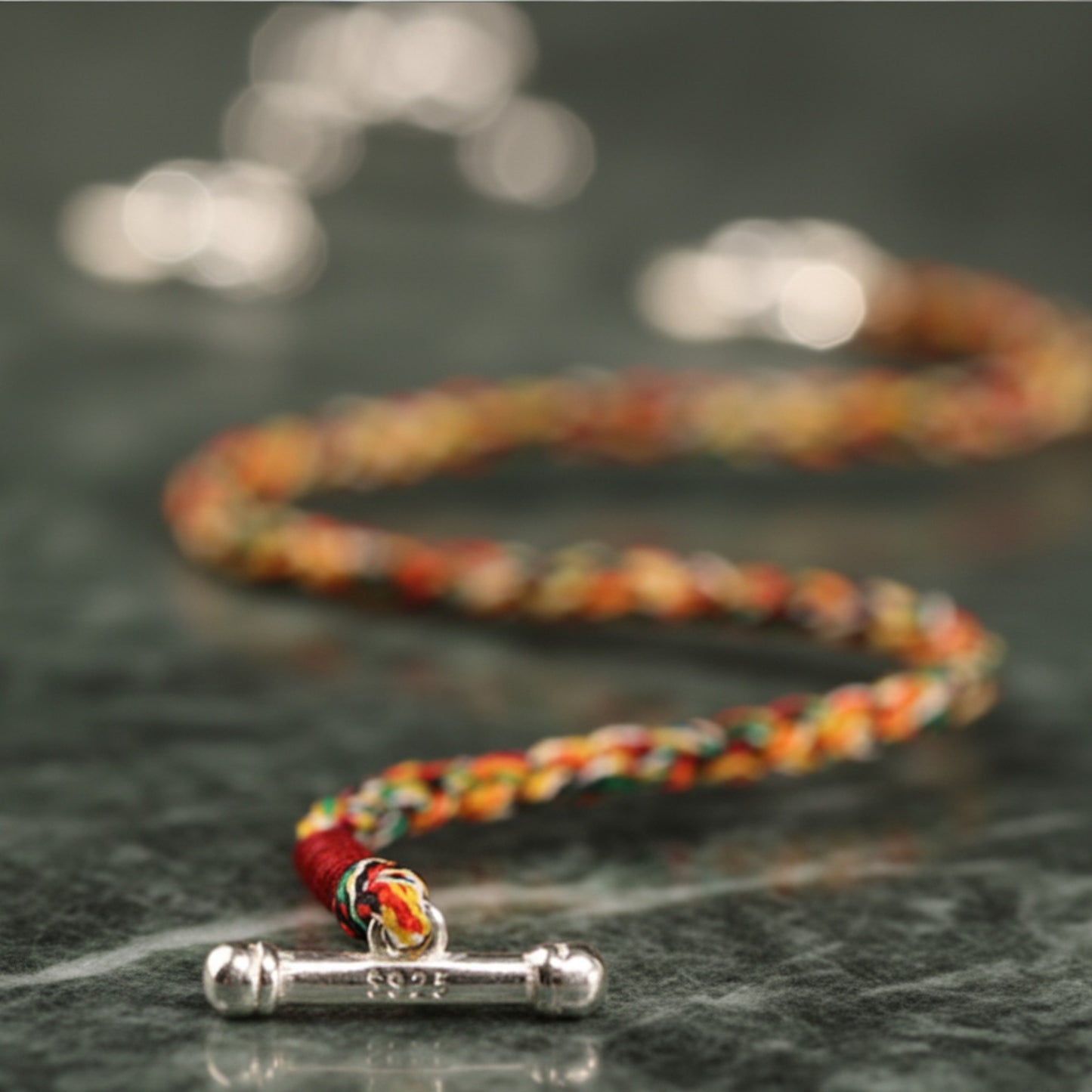S925 Sterling Silver Buckle Hand Braided Rainbow Woven Rope Adjustable Bracelet