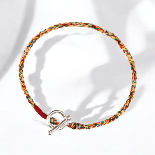 S925 Sterling Silver Buckle Hand Braided Rainbow Woven Rope Adjustable Bracelet