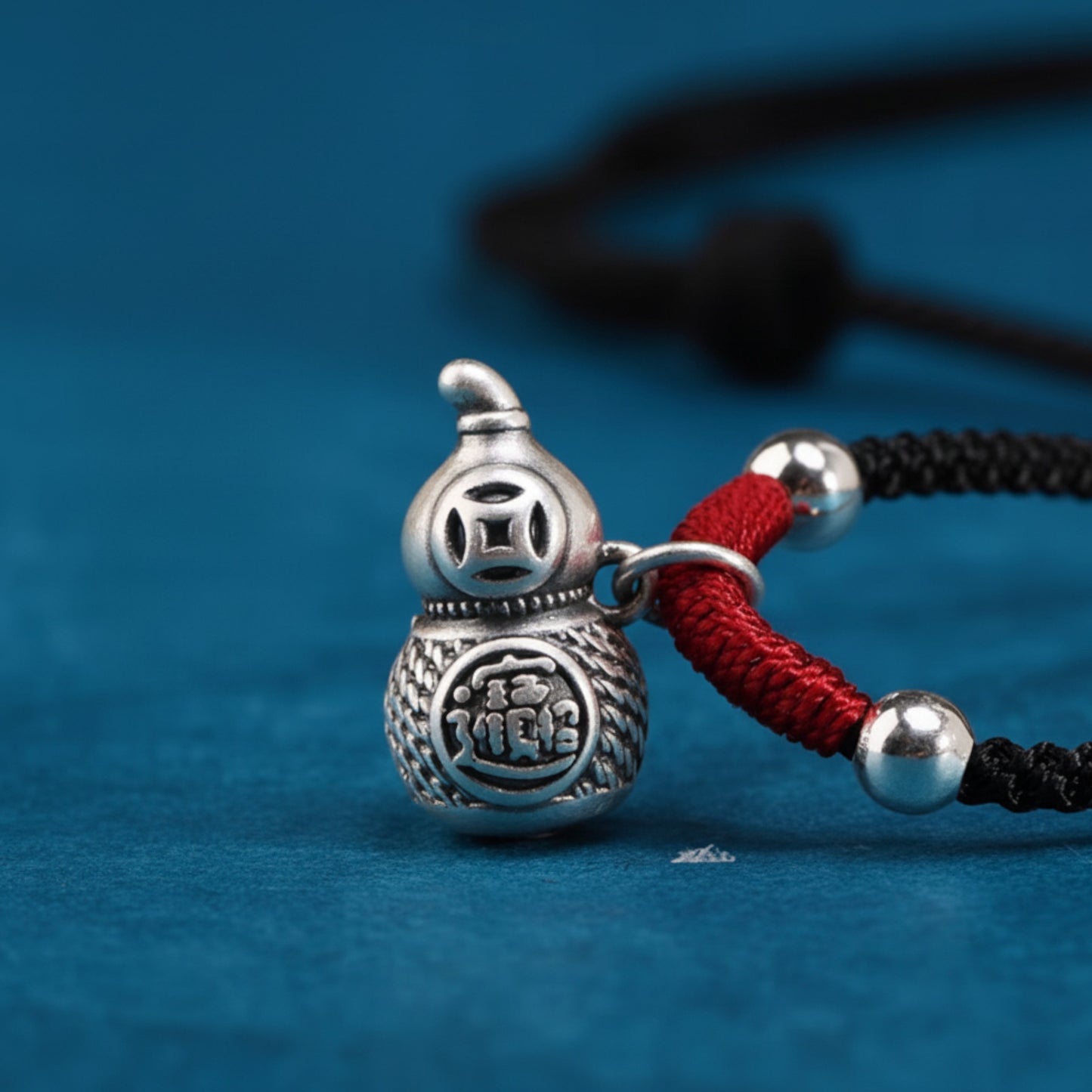 999 Pure Silver Koi Fish Gourd Charm Necklace, Hand Braided Rope