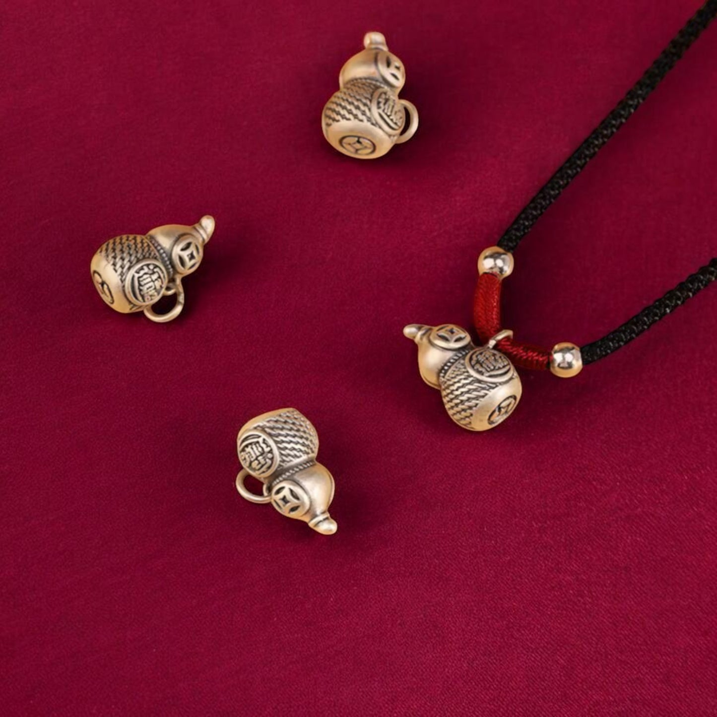 999 Pure Silver Koi Fish Gourd Charm Necklace, Hand Braided Rope