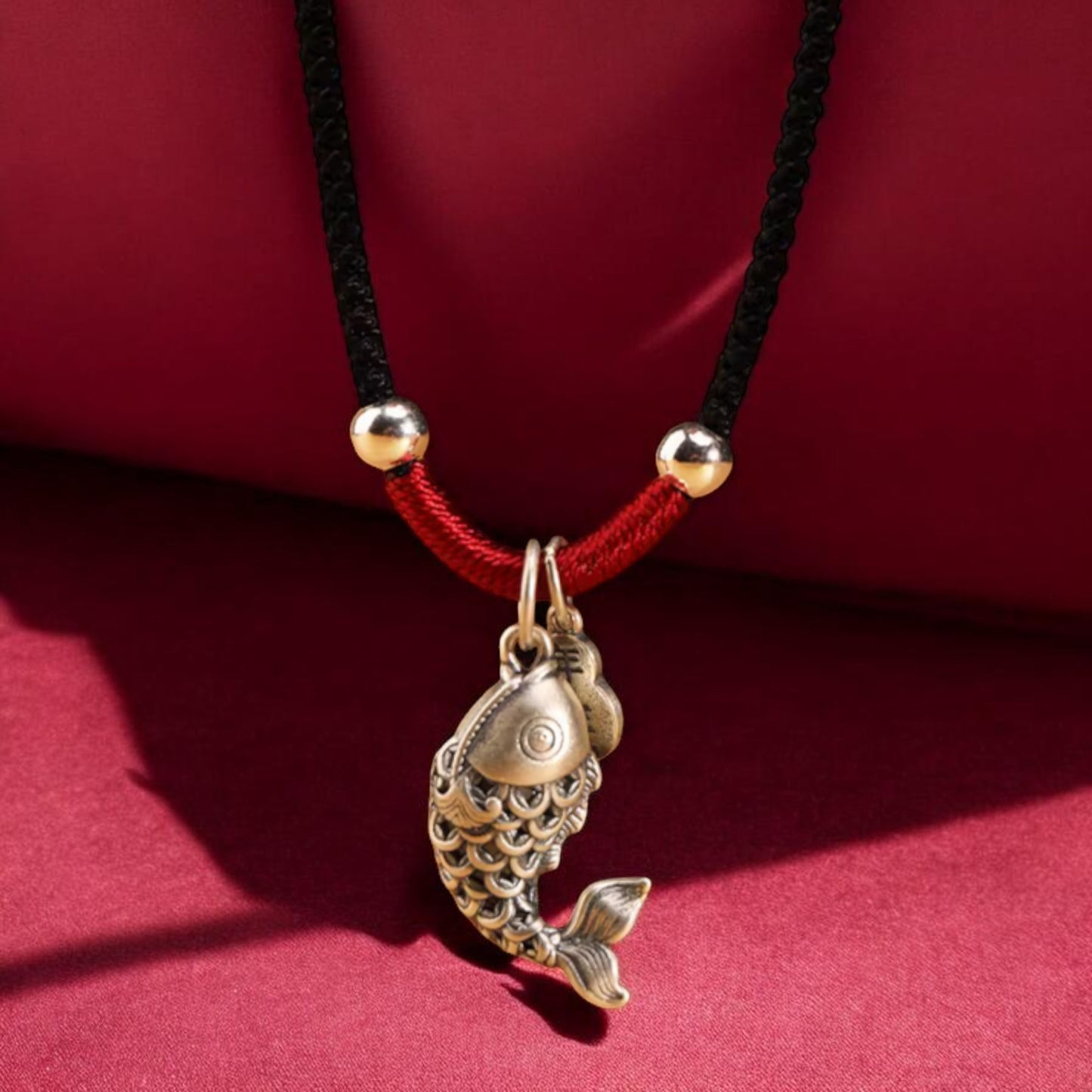 999 Pure Silver Koi Fish Gourd Charm Necklace, Hand Braided Rope