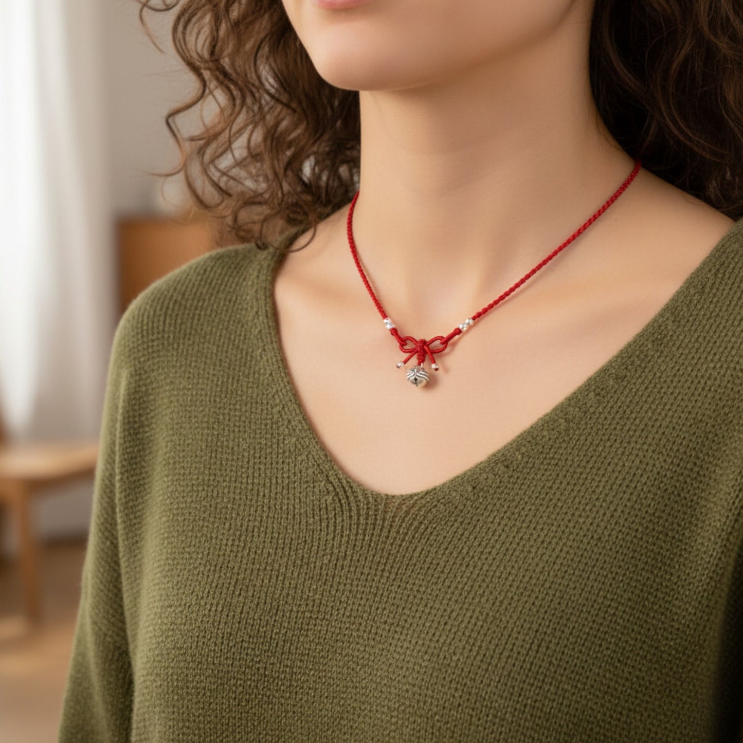999 Real Silver Bell Bow Charm Woven Red Rope Necklace