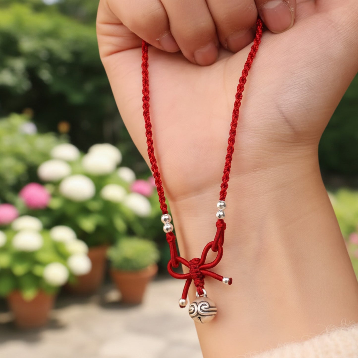 999 Real Silver Bell Bow Charm Woven Red Rope Necklace