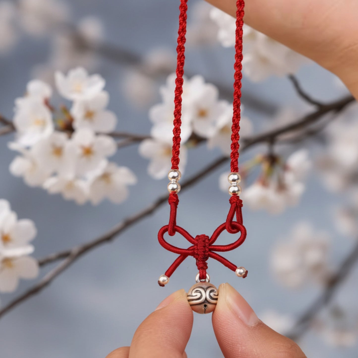 999 Real Silver Bell Bow Charm Woven Red Rope Necklace