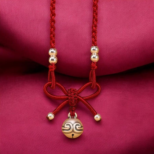 999 Real Silver Bell Bow Charm Woven Red Rope Necklace