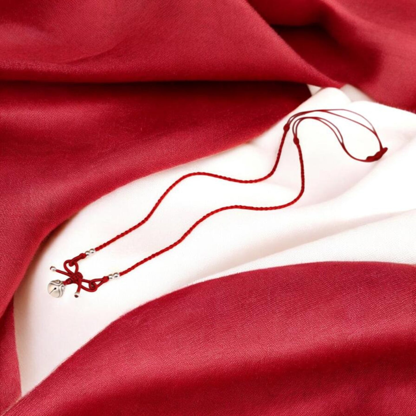 999 Real Silver Bell Bow Charm Woven Red Rope Necklace