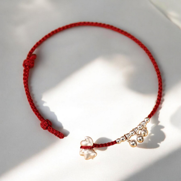 999 Pure Silver Zodiac Horse Bell Pendant Red Braided Rope Anklet