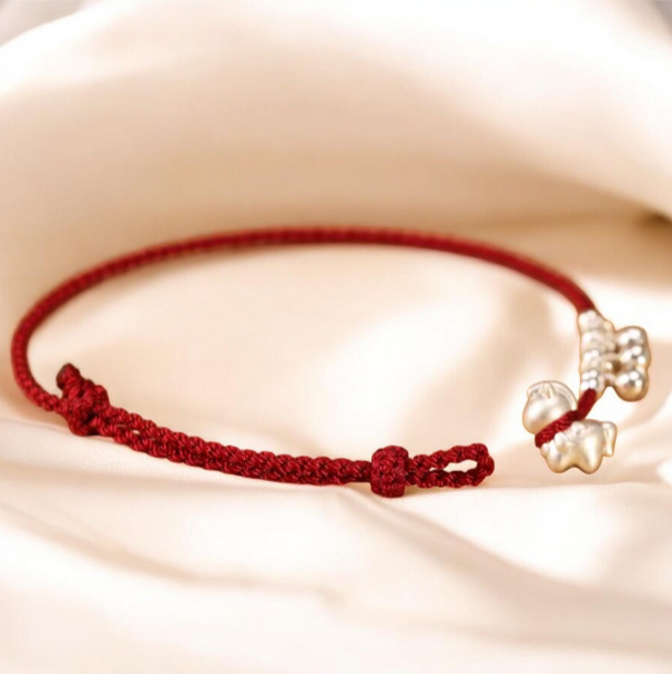 999 Pure Silver Zodiac Horse Bell Pendant Red Braided Rope Anklet
