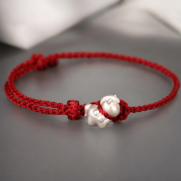 999 Pure Silver Zodiac Horse Bell Pendant Red Braided Rope Anklet