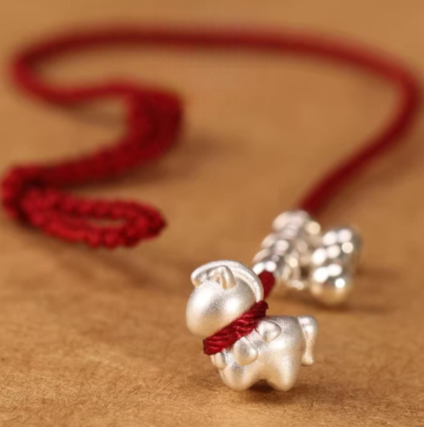 999 Pure Silver Zodiac Horse Bell Pendant Red Braided Rope Anklet