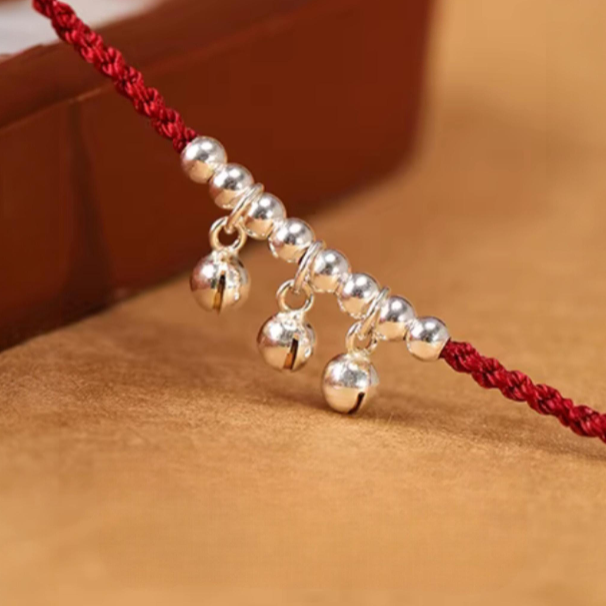 999 Pure Silver Zodiac Horse Bell Pendant Red Braided Rope Anklet