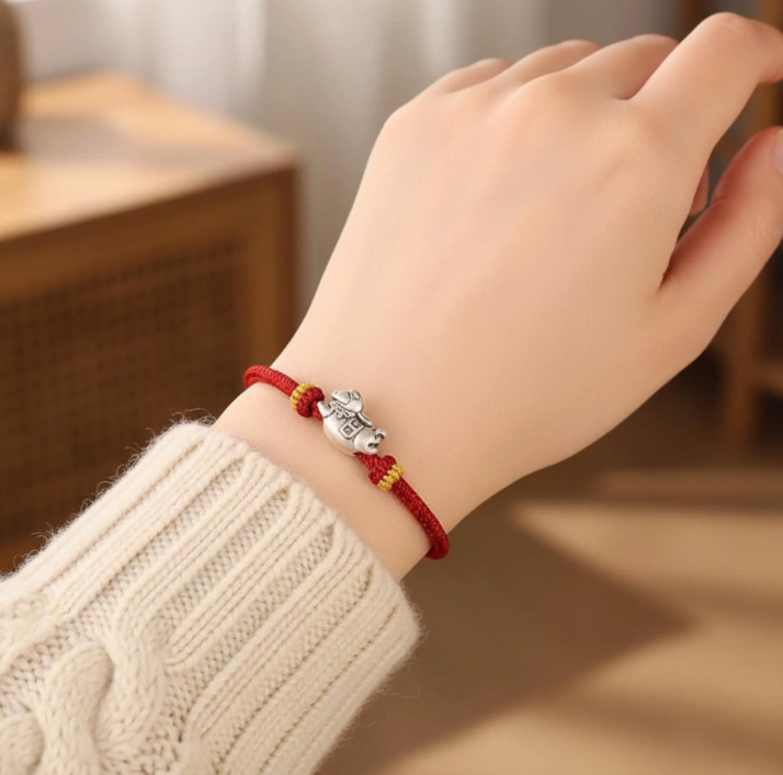 999 Pure Silver Horse Pendant Braided Cord Bracelet
