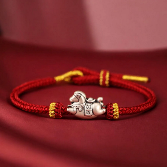 999 Pure Silver Horse Pendant Braided Cord Bracelet