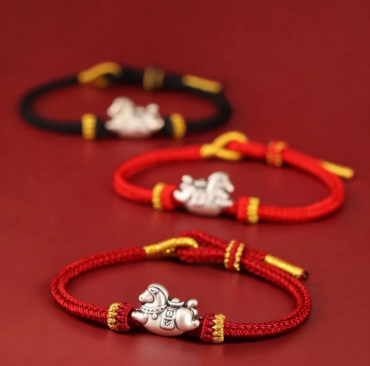 999 Pure Silver Horse Pendant Braided Cord Bracelet