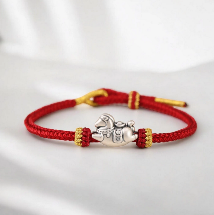 999 Pure Silver Horse Pendant Braided Cord Bracelet