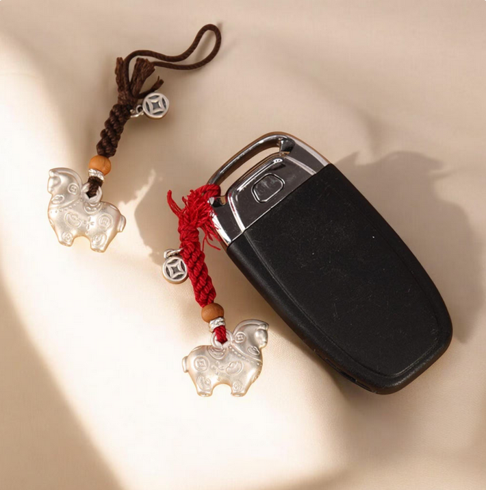 999 Silver Horse Charm Pendant, Hand Braided Keychain